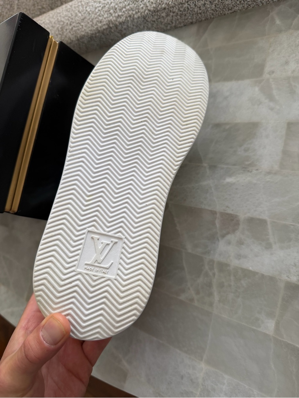 Louis Vuitton Men’s White and Tan Low-Top Sneaker with Monogram Emboss - Picture 4 of 5